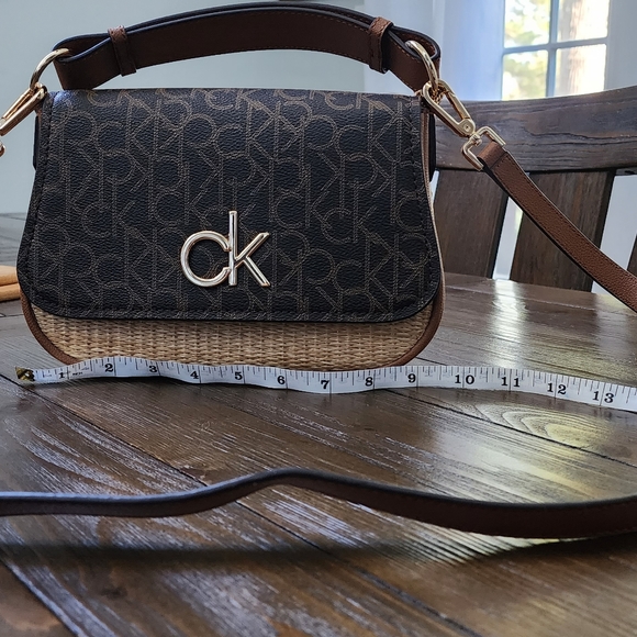 NWOT Calvin Klein Signature Shoulder Bag Crossbody Brown & Natural Straw - Picture 7 of 15